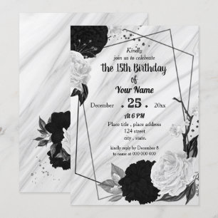 Invitación Fiesta de cumpleaños floral blanca y negra