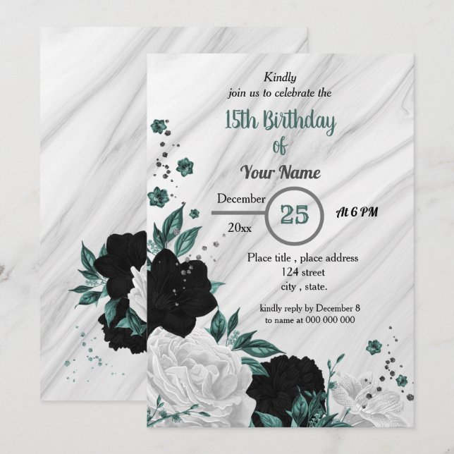 Invitación fiesta de cumpleaños floral blanca y verde azulada (Anverso / Reverso)