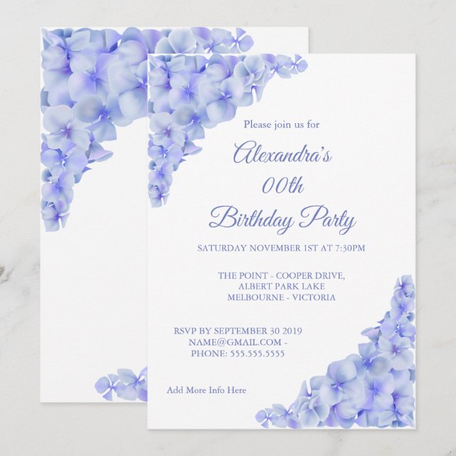 Invitación Fiesta de cumpleaños Floral Blue Hydrangeas White (Anverso / Reverso)