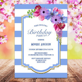 Invitación Fiesta de cumpleaños floral Blue Stried Lavender