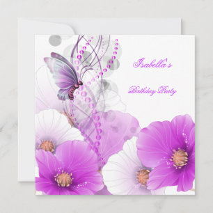 Invitación Fiesta de Cumpleaños Floral Bonito Mariposa Blanca