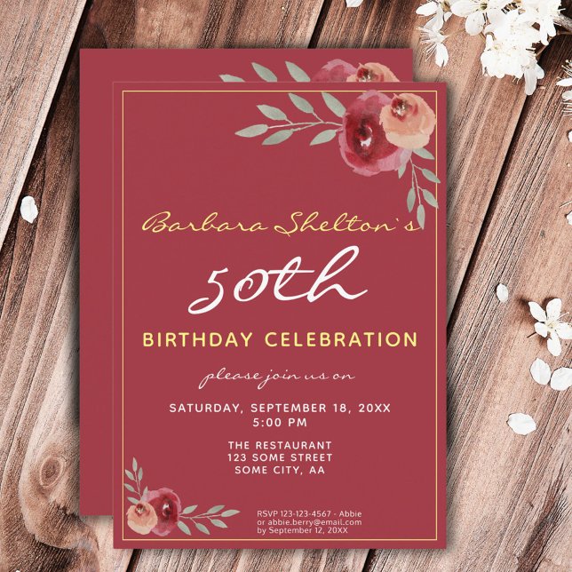 Invitación Fiesta de cumpleaños floral borgoña 50 cumpleaños (Subido por el creador)