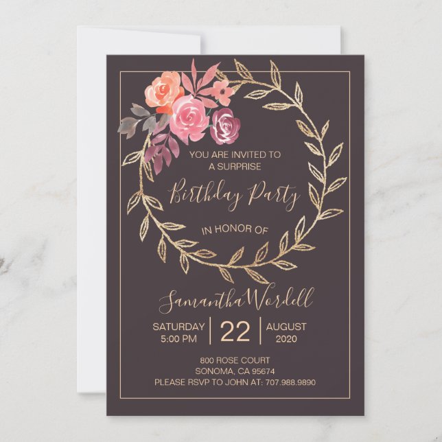 Invitación Fiesta de cumpleaños floral Borgoña rosa en gris p (Anverso)