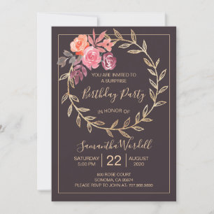 Invitación Fiesta de cumpleaños floral Borgoña rosa en gris p