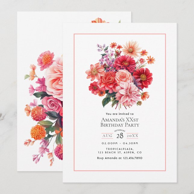Invitación Fiesta de Cumpleaños Floral Brillante (Anverso / Reverso)