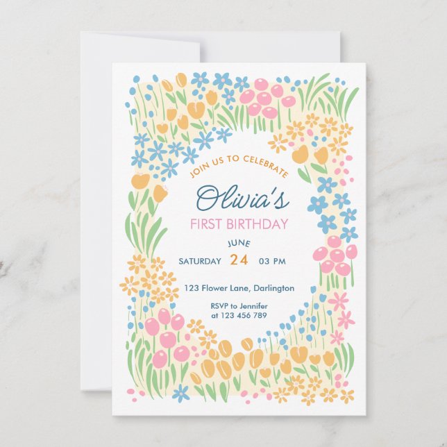 Invitación Fiesta de cumpleaños floral caprichosa para el pri (Anverso)