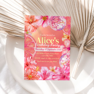 Invitación Fiesta de cumpleaños floral cítrica de disco rosa
