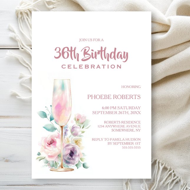 Invitación Fiesta de cumpleaños floral con champán rosa para  (Subido por el creador)