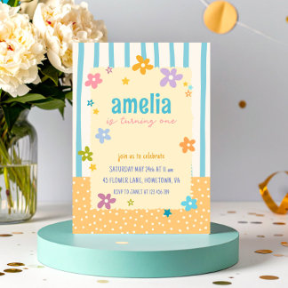 Invitación Fiesta de cumpleaños floral con rayas coloridas pa