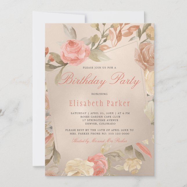 Invitación Fiesta de Cumpleaños Floral Coral Melocotón con Ho (Anverso)