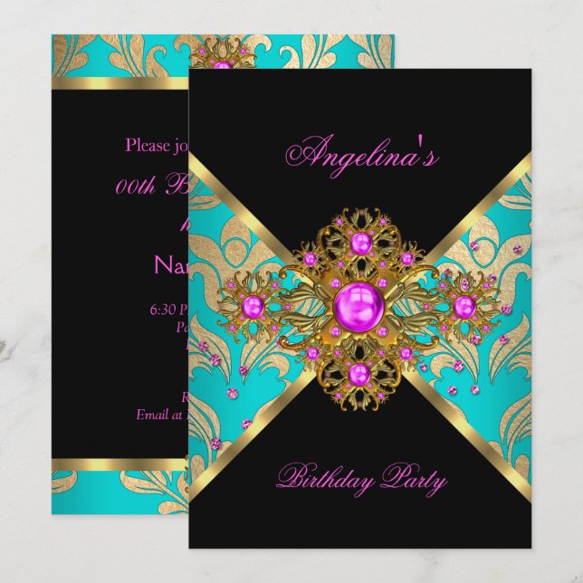 Invitación Fiesta de Cumpleaños Floral Damask Rosa Turquesa D (Anverso / Reverso)