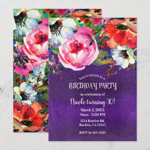 Invitación Fiesta de Cumpleaños Floral de Acuarela Brillante 