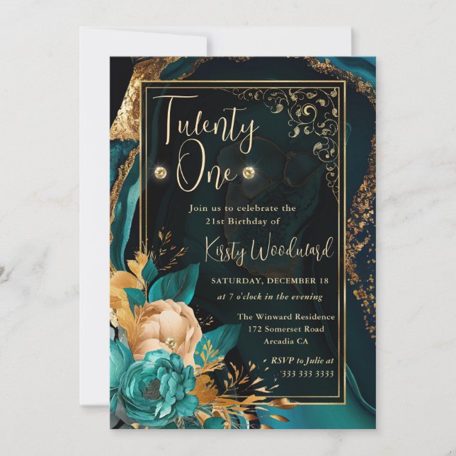 Invitación Fiesta de Cumpleaños Floral de Ágata Turquesa y Do (Anverso)