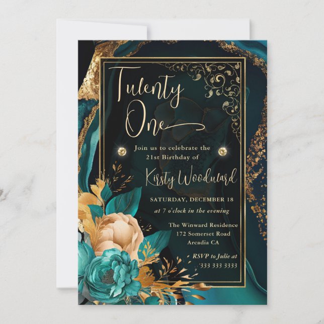 Invitación Fiesta de Cumpleaños Floral de Ágata Turquesa y Do (Anverso)