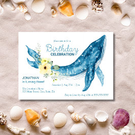 Invitación Fiesta de cumpleaños floral de ballena azul dulce