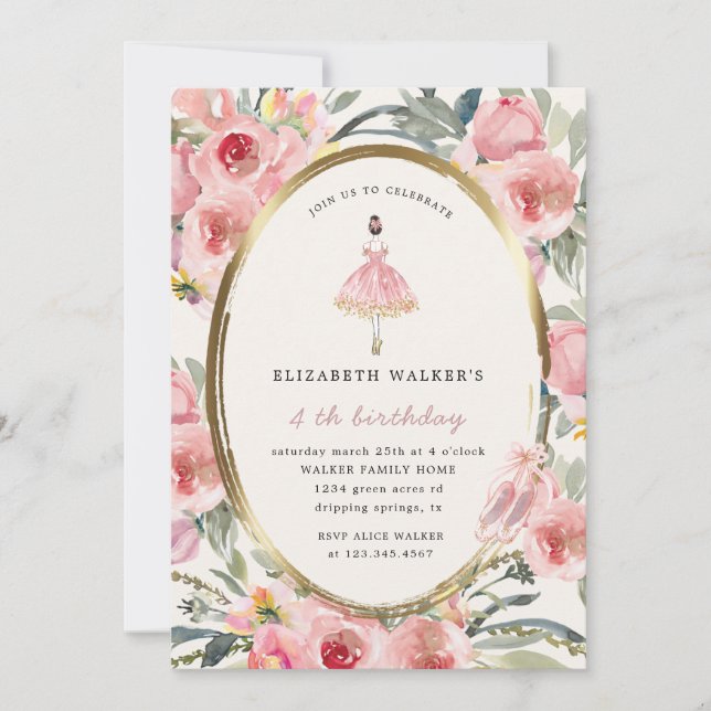 Invitación fiesta de cumpleaños floral de ballerina princesa (Anverso)