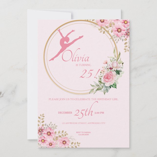Invitación Fiesta de cumpleaños floral de Ballerina Rosa (Anverso)