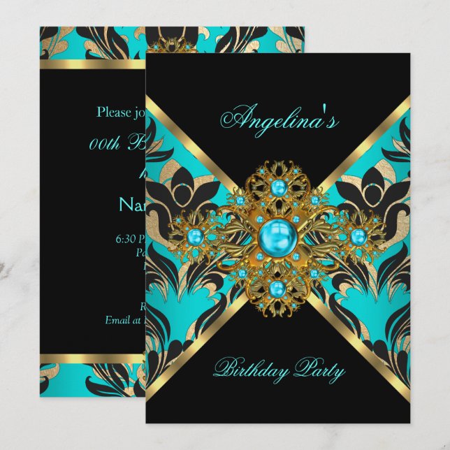 Invitación Fiesta de cumpleaños floral de Black Damask con or (Anverso / Reverso)