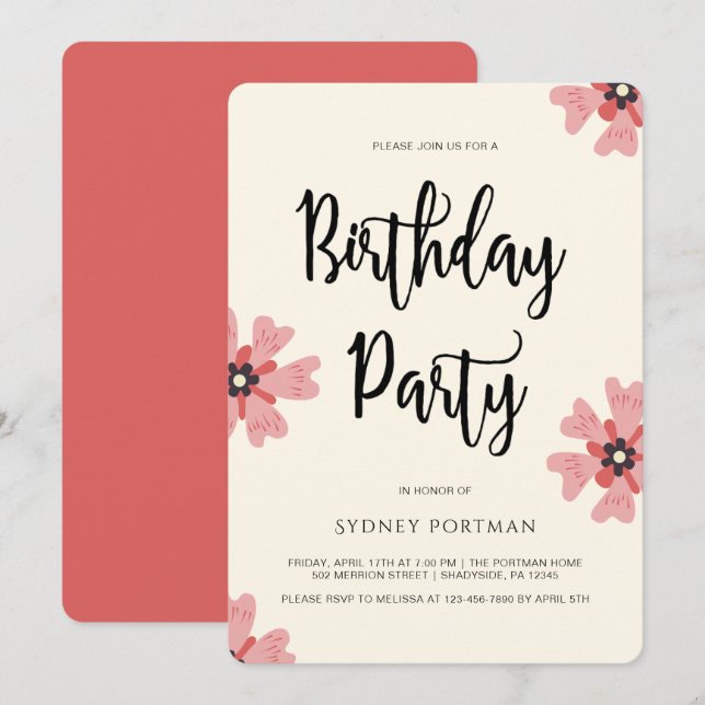 Invitación Fiesta de cumpleaños floral de Bonito moderna (Anverso / Reverso)