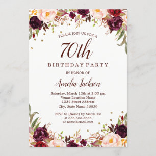 Invitación Fiesta de cumpleaños floral de Borgoña del oro