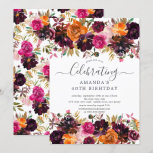 Invitación Fiesta de cumpleaños floral de Borgoña y Naranja d