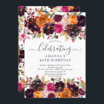 Invitación Fiesta de cumpleaños floral de Borgoña y Naranja d<br><div class="desc">Hermosa invitación de cumpleaños florido burdeos y naranja con una acuarela a juego floral para un toque especial.</div>
