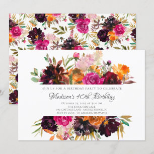 Invitación Fiesta de cumpleaños floral de Borgoña y Naranja d