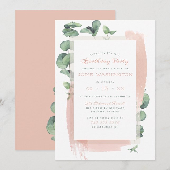 Invitación Fiesta de cumpleaños floral de Brush Aquarelle Ros (Anverso / Reverso)