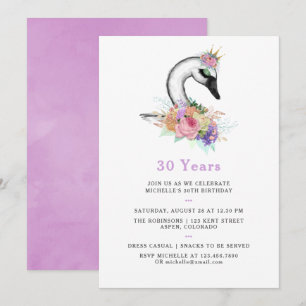 Invitación Fiesta de cumpleaños floral de cisne de acuarela p