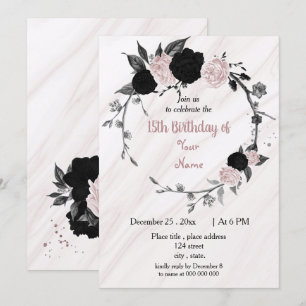 Invitación Fiesta de cumpleaños floral de color negro y rosa 