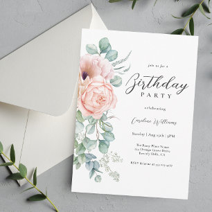 Invitación Fiesta de cumpleaños floral de color rosa y beige