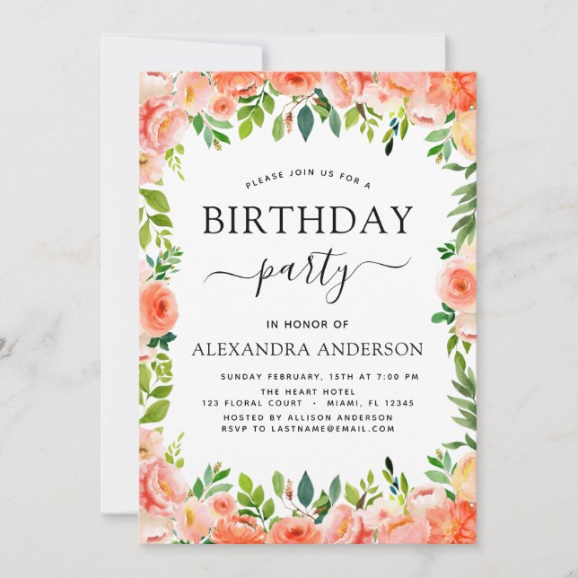 Invitación Fiesta de cumpleaños floral de Coral Peach (Anverso)
