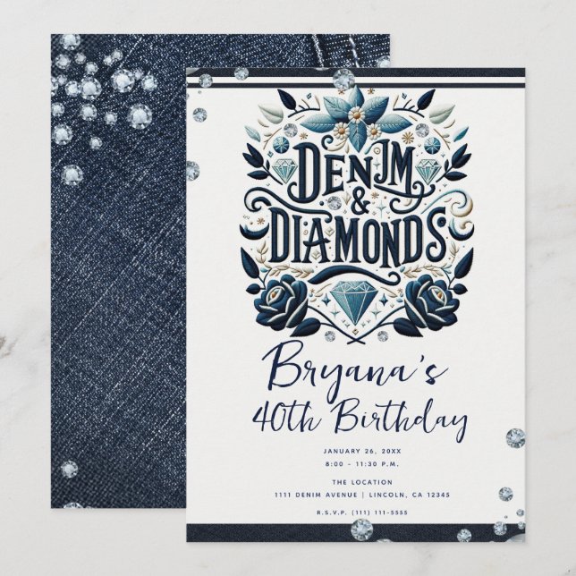 Invitación Fiesta de cumpleaños floral de Denim & Diamonds (Anverso / Reverso)
