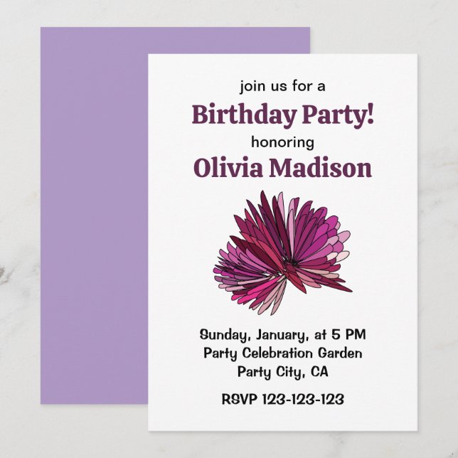 Invitación Fiesta de Cumpleaños Floral de Flor de Aster Púrpu (Anverso / Reverso)