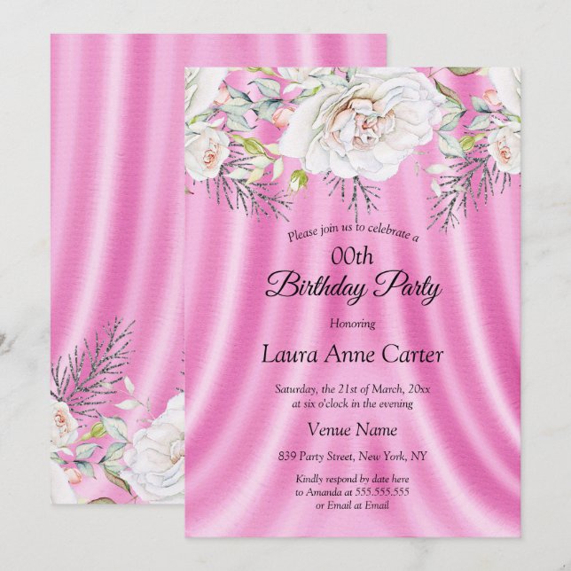 Invitación Fiesta de cumpleaños floral de flores blancas rosa (Anverso / Reverso)