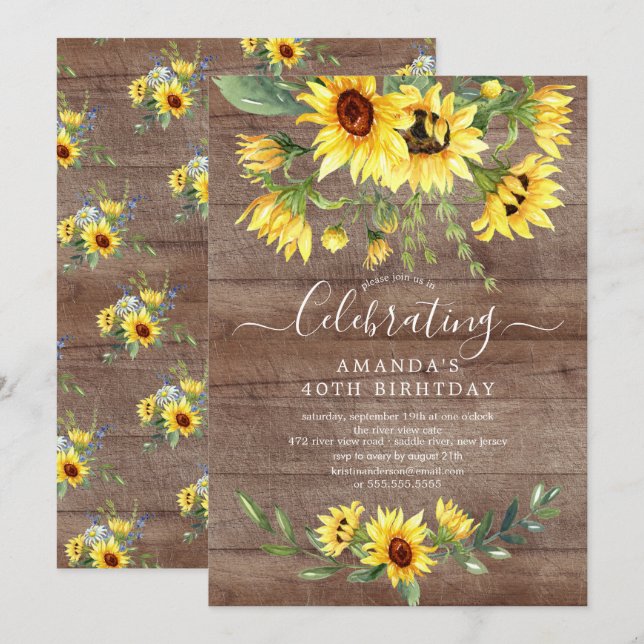Invitación Fiesta de cumpleaños floral de girasol con acuarel (Anverso / Reverso)