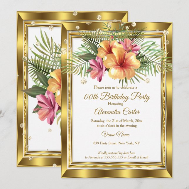 Invitación Fiesta de Cumpleaños Floral de Hibisco Blanco Dora (Anverso / Reverso)