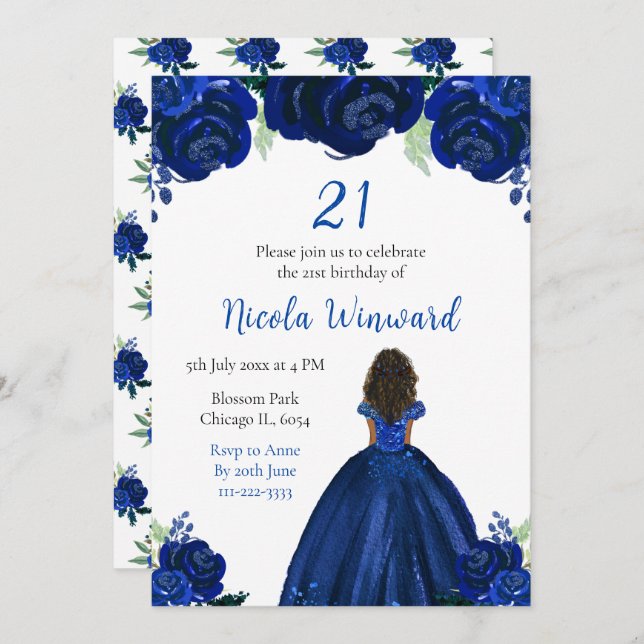 Invitación Fiesta de cumpleaños floral de la Marina Princesa  (Anverso / Reverso)
