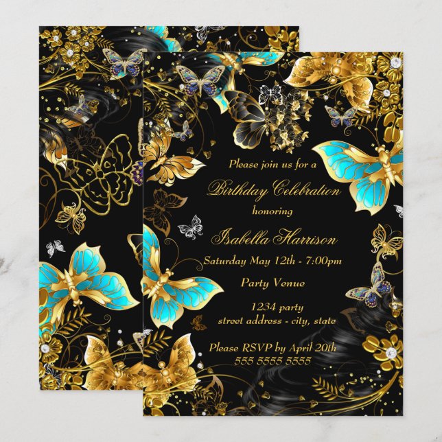 Invitación Fiesta de cumpleaños floral de la mariposa Verde a (Anverso / Reverso)