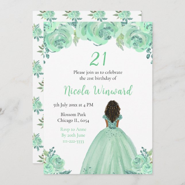 Invitación Fiesta de cumpleaños floral de la princesa de la p (Anverso / Reverso)