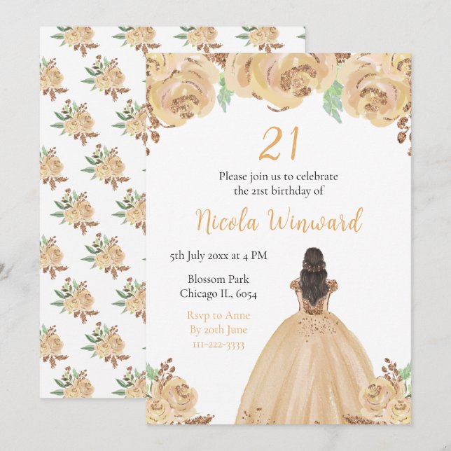Invitación Fiesta de cumpleaños floral de la princesa de pelo (Anverso / Reverso)