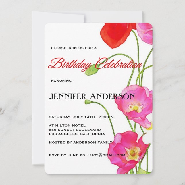 Invitación Fiesta de cumpleaños floral de las amapolas únicas (Anverso)