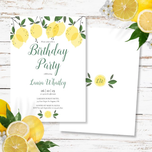 Invitación Fiesta de cumpleaños floral de limones elegantes m (Modern Elegant Lemons Floral Birthday Party Invitation)
