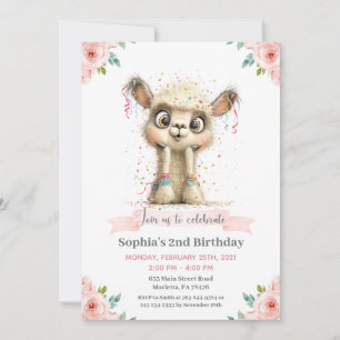 Invitación Fiesta de Cumpleaños Floral de Llama Alpaca