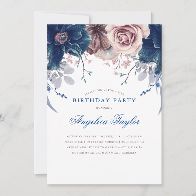 Invitación Fiesta de cumpleaños floral de Navy Blue y Mauve (Anverso)