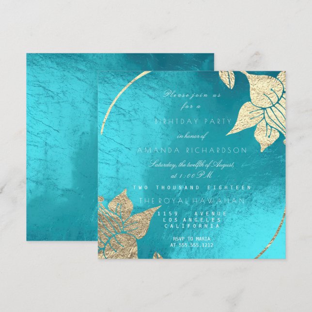 Invitación Fiesta de cumpleaños floral de Ocean Turquoise Cha (Anverso / Reverso)