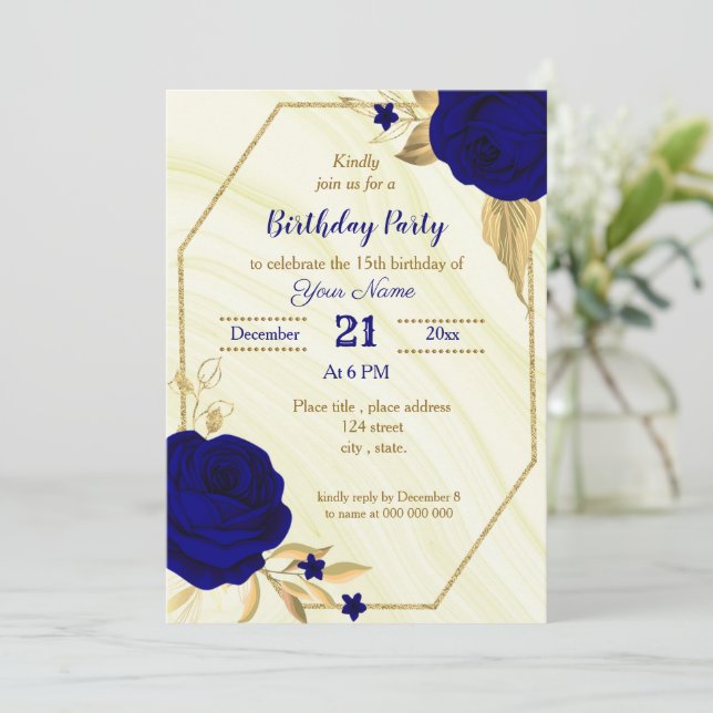 Invitación fiesta de cumpleaños floral de oro azul real (Anverso de pie)