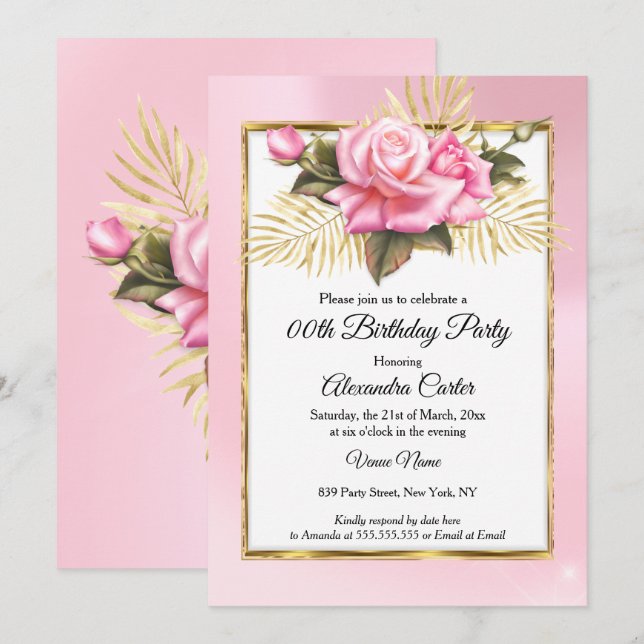 Invitación Fiesta de cumpleaños floral de oro blanco rosado d (Anverso / Reverso)