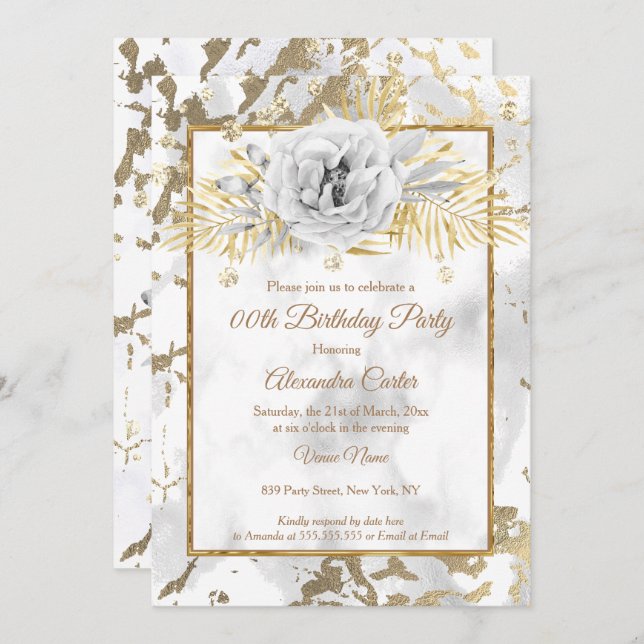 Invitación Fiesta de cumpleaños floral de oro de mármol blanc (Anverso / Reverso)