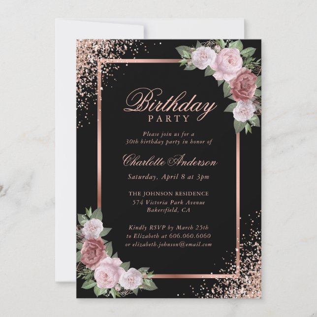 Invitación Fiesta de cumpleaños floral de oro del Rosa negro  (Anverso)